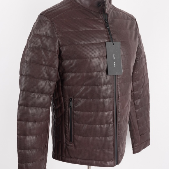 Zara Man Jacket Coat Faux Leather Puffer Brown NWT - Picture 5 of 7